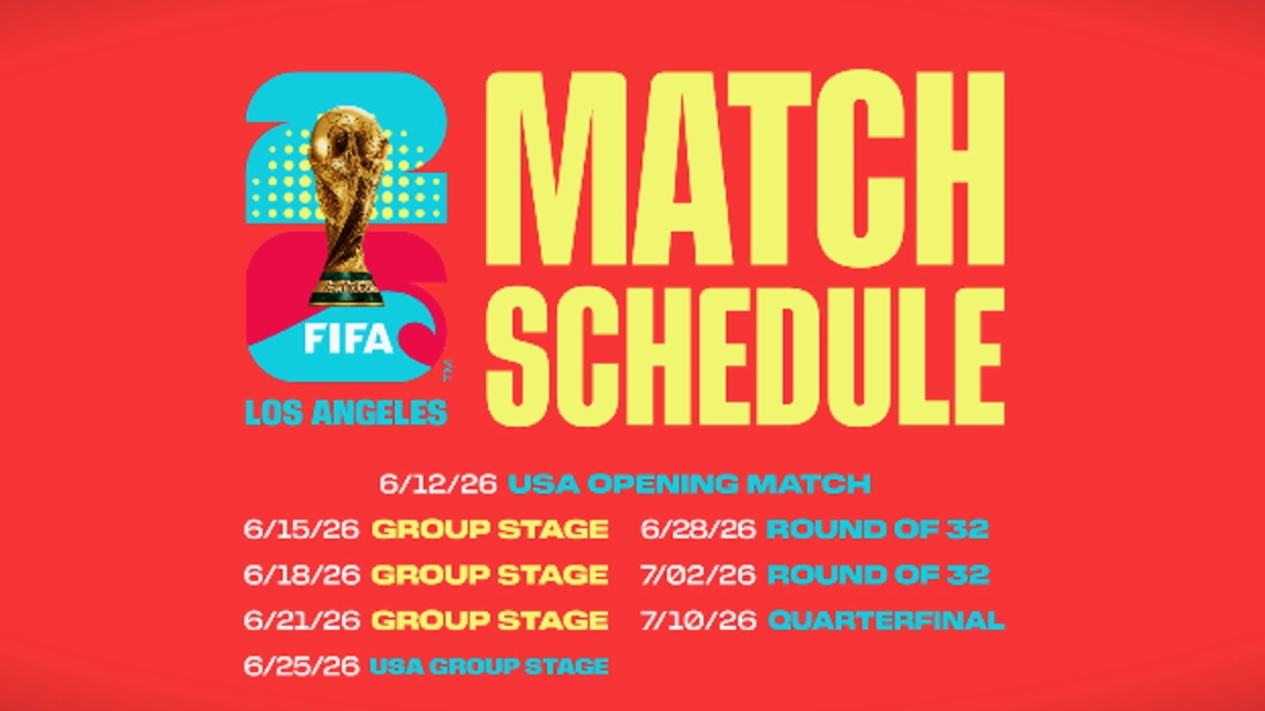 A FIFA soccwr trophy over the number 26. Los Angeles Match Schedule / 6/12/26 USA Opening Match 